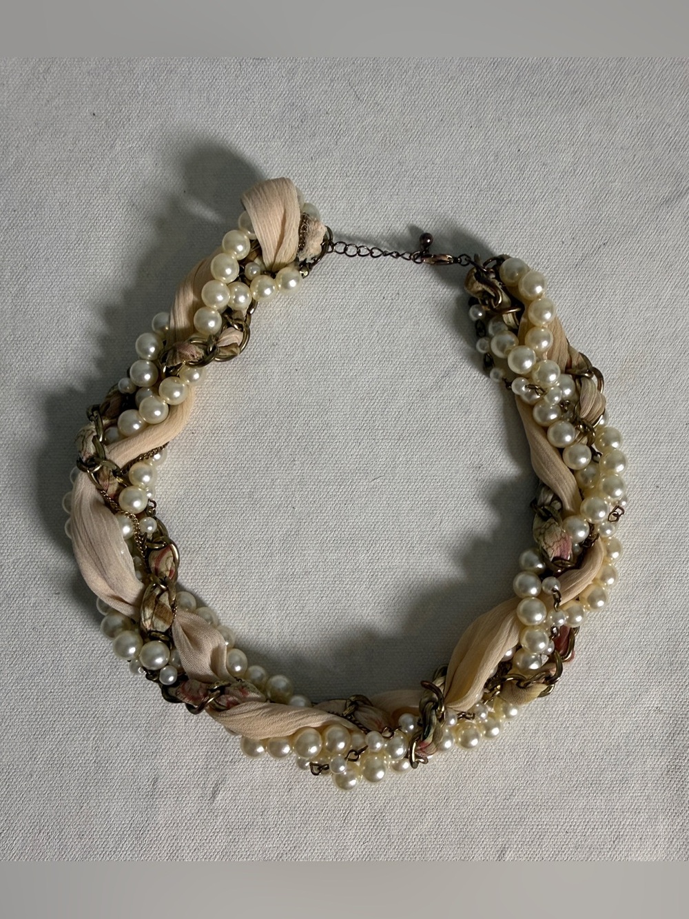 Y2K Chunky Multi Strand Faux Pearl Choker Necklace Twisted Chiffon Ribbon